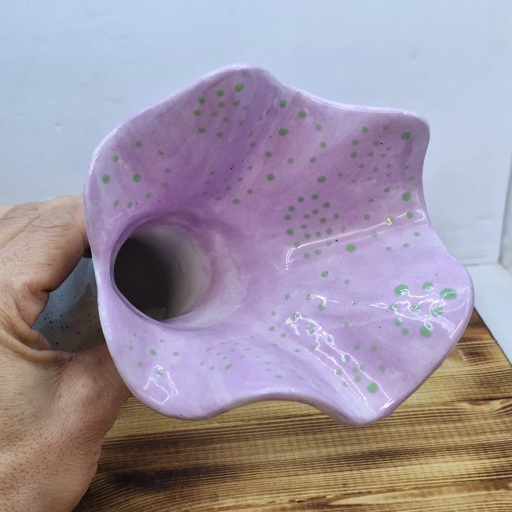 Art Ceramic Swung Vase‎ Artist Initials Speckled Grey  Pink Inside 8